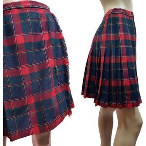 Vintage 60s Plaid Mini Skirt Womens S Red Tartan Wool Pleated Schoolgirl Grunge